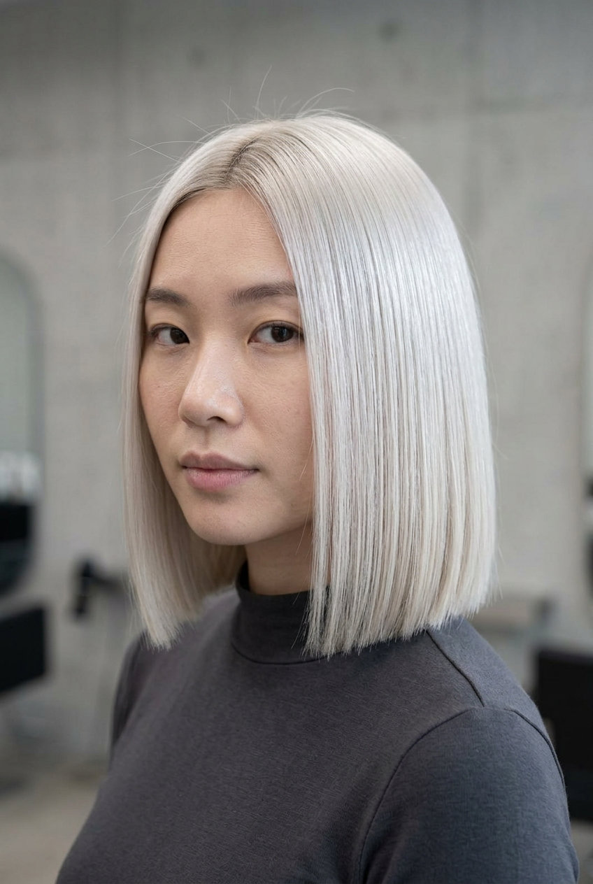Icy Platinum Bob 2026: Sleek Summer Statement medium bob haircut with icy platinum blonde, neutral root smudge, and blunt cut for summer
