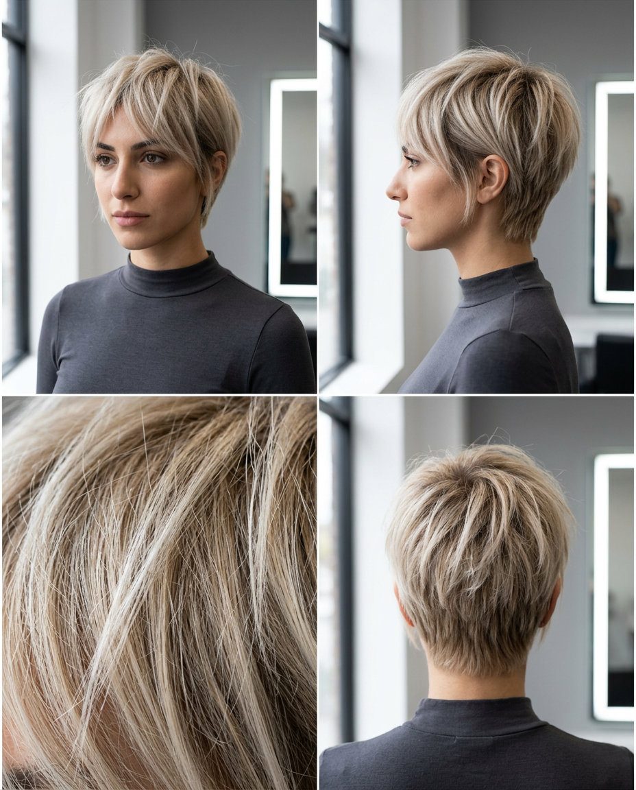 Platinum Sandstone Blonde Crop 2026 very short platinum sandstone blonde crop with textured layers, faded sides — edgy festival look