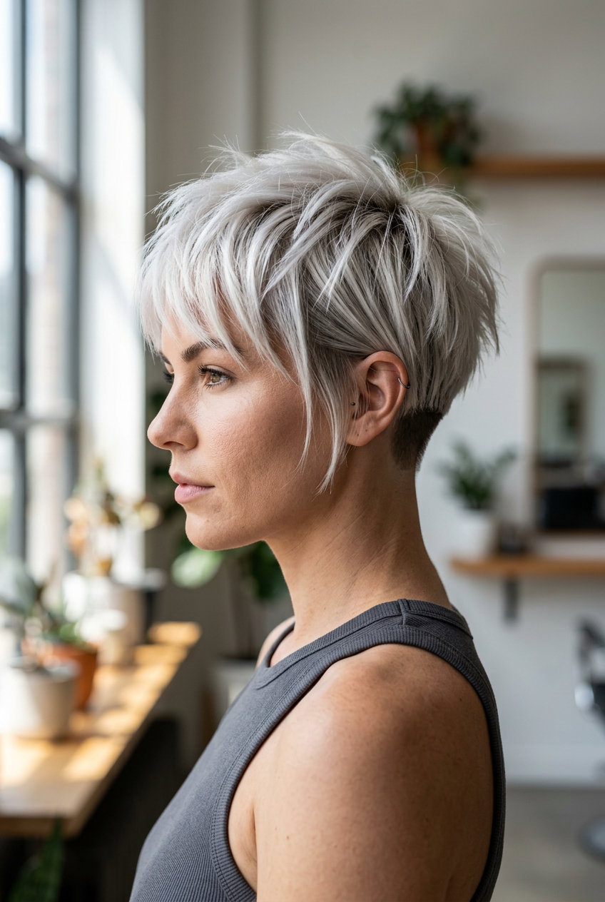 short bixie haircut in icy platinum blonde with cool violet undertones, undercut and textured layers, wispy sideburns — bold modern