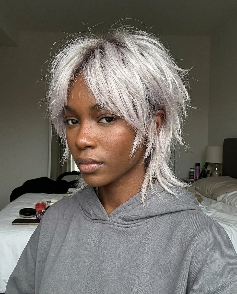 short-to-medium platinum wolf cut with spiky layers and dark roots for concert