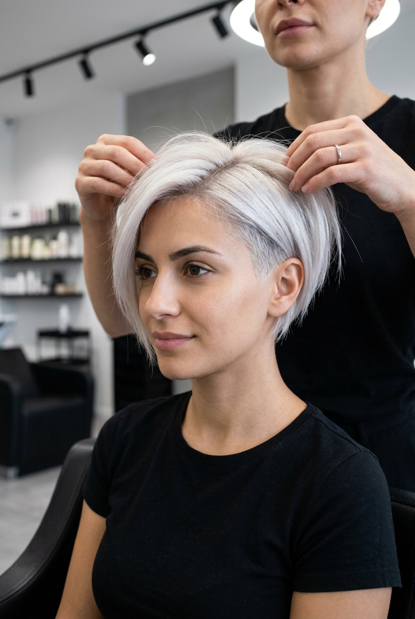 short asymmetrical pixie haircut in icy linen platinum blonde, razored texture, disconnected top — bold glamorous style