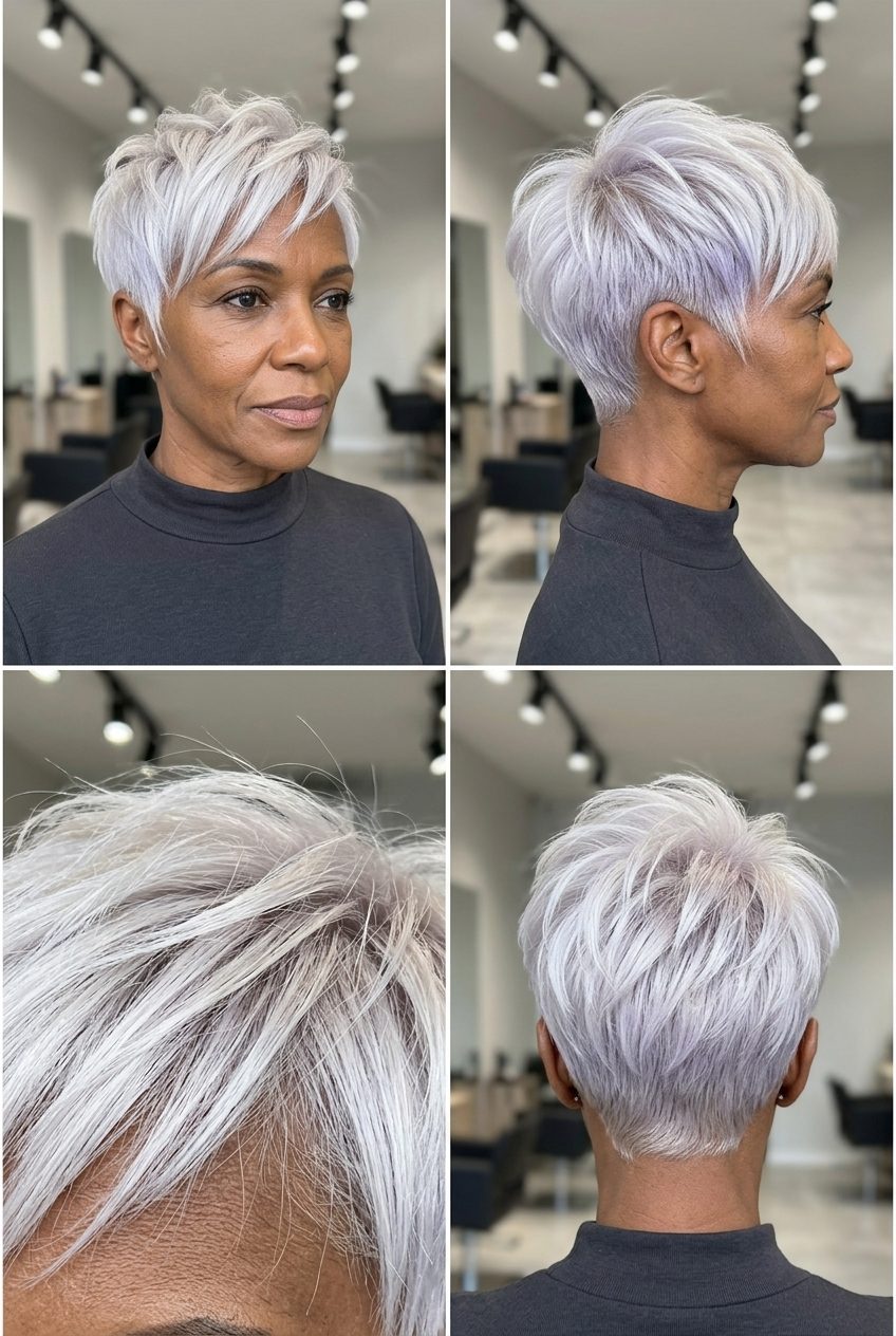 short pixie haircut in icy platinum blonde with violet undertones, razored layers and tapered sides — edgy and bold