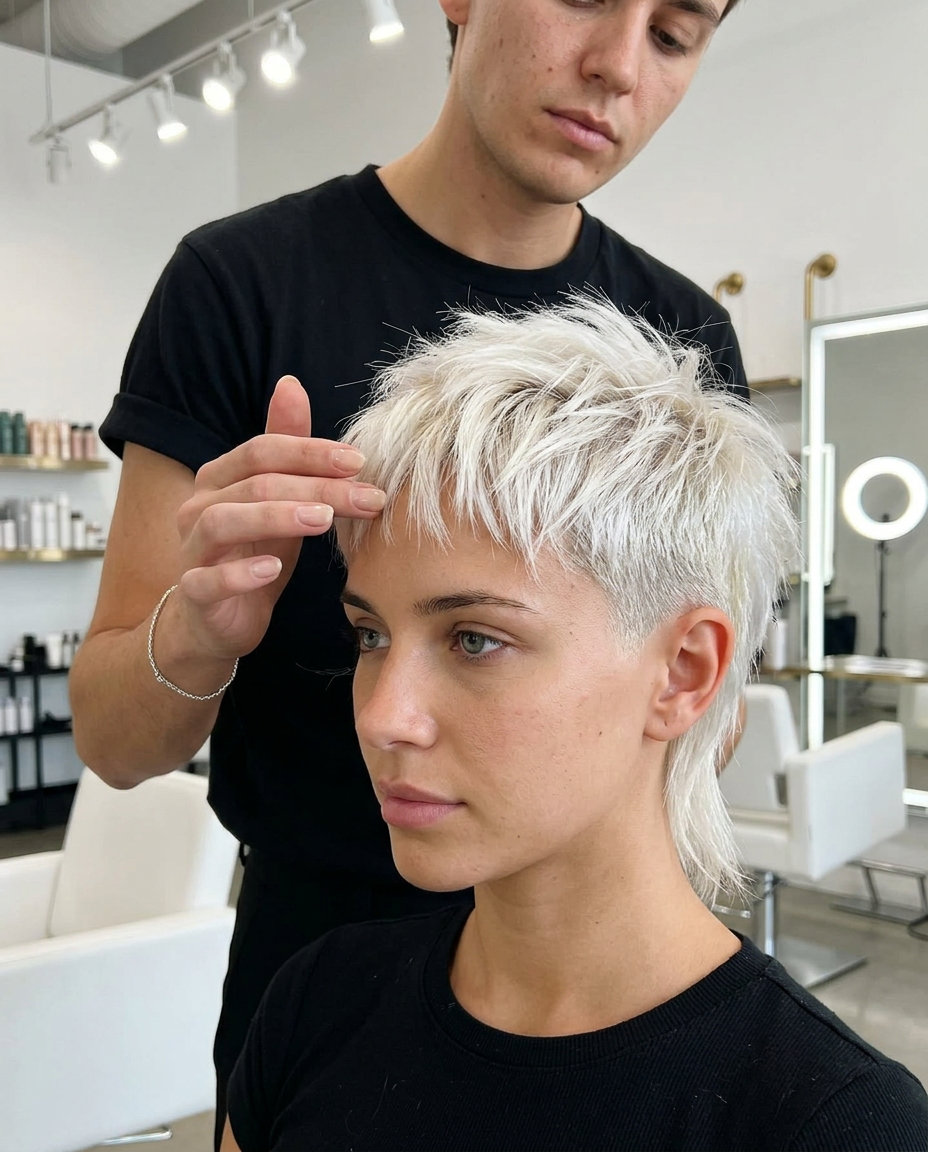 short platinum wolf cut with spiky layers and clipper fade for festival