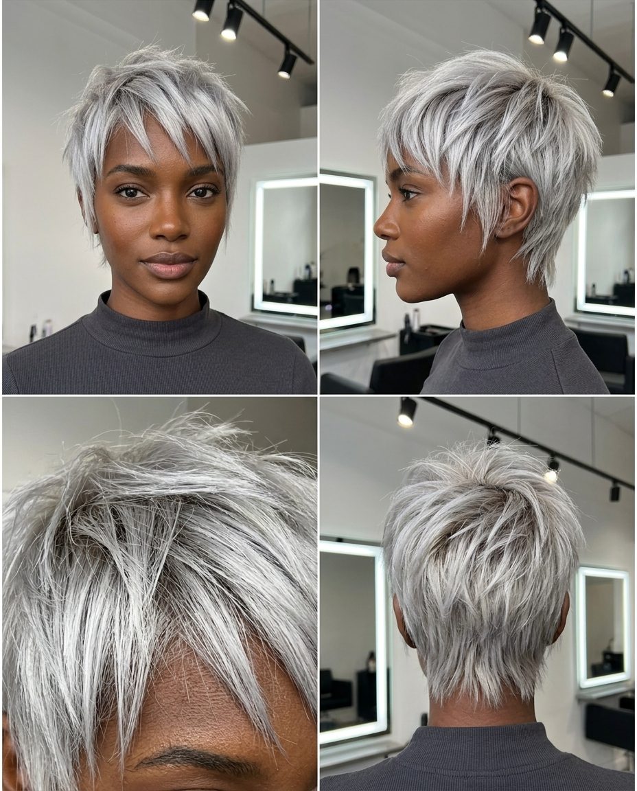 Platinum Silver Bixie Haircut 2026 short razored bixie haircut in platinum silver with ash tones, choppy texture — bold & rebellious