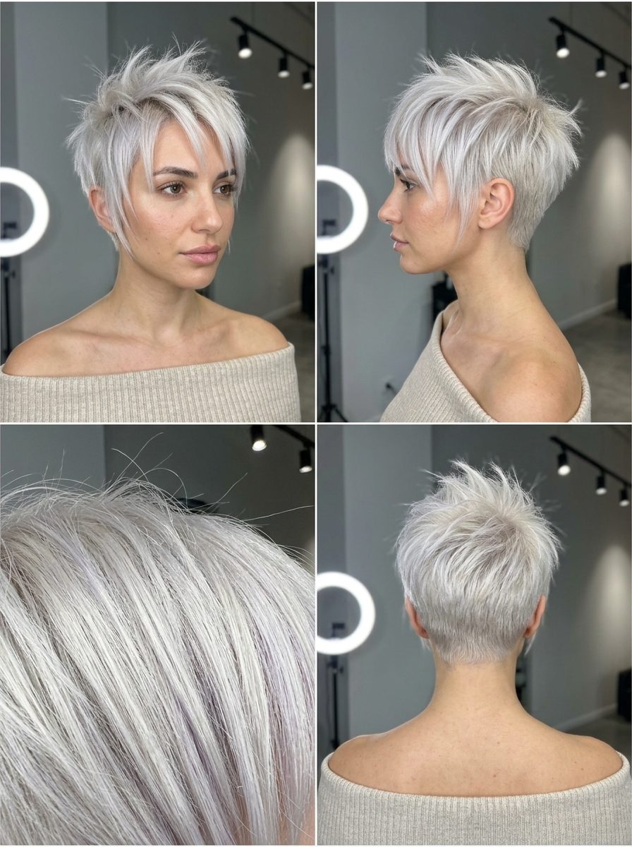 ultra-short pixie haircut with icy platinum blonde, razored texture, tapered sides, choppy fringe — bold festival style