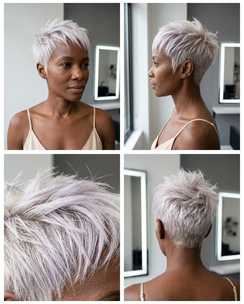 very short platinum pixie haircut with razored layers and choppy fringe for modern edge