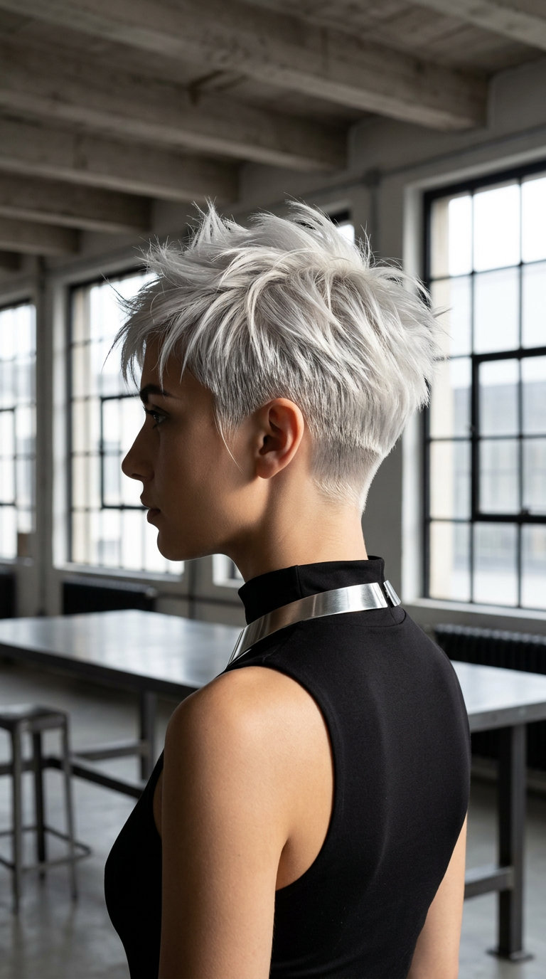 very short platinum pixie haircut with icy silver tones, choppy textured top for summer
