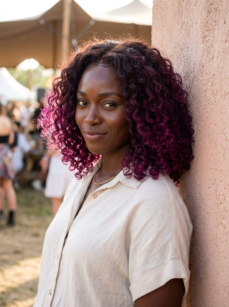 long dip-dye plum haircut with vibrant plum ends, high contrast, for festivals