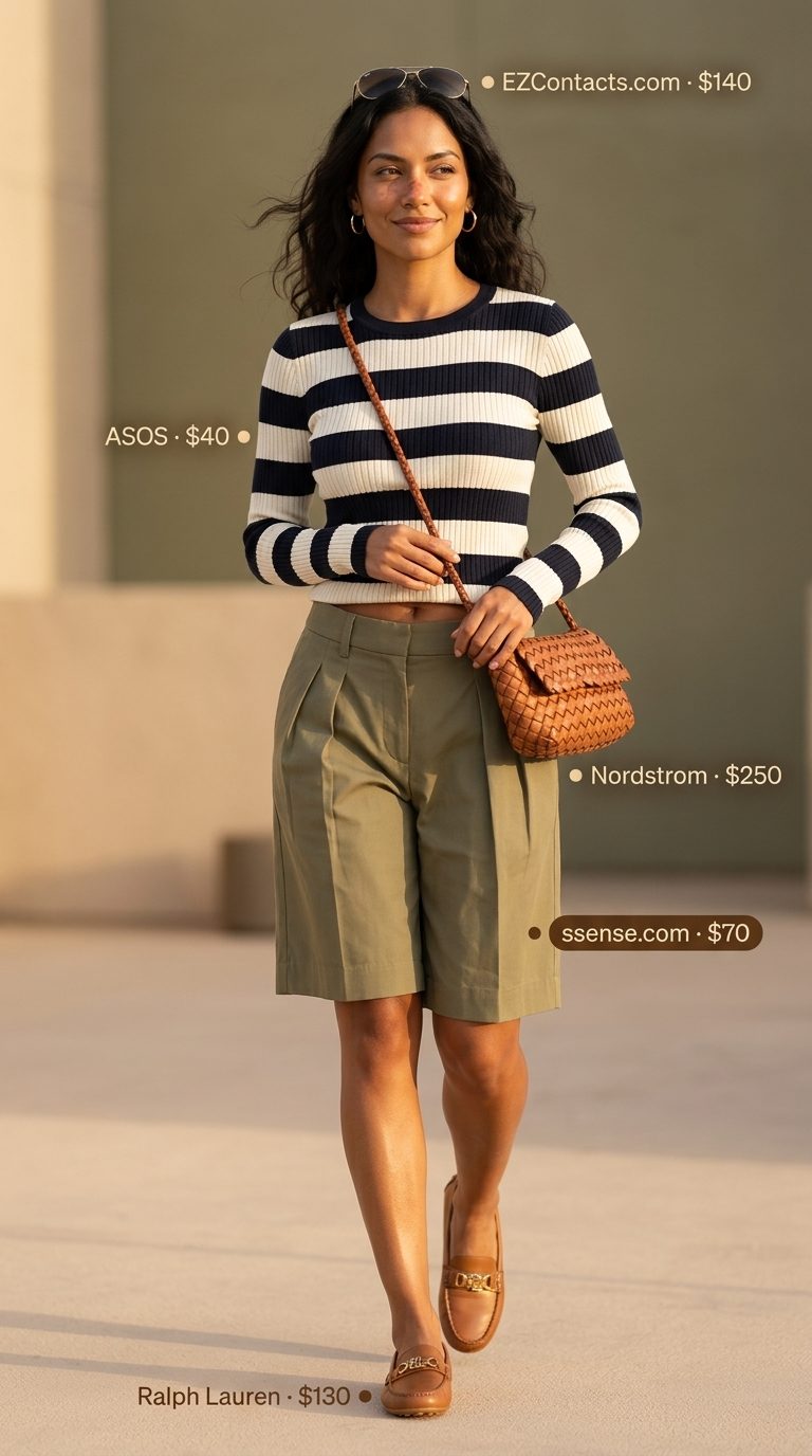 Preppy summer old money outfit for women 2026: Khaki Bermuda shorts, navy stripe knit top, woven crossbody bag, driving moccasins.