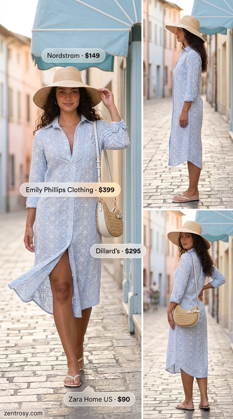 Preppy summer old money outfit for women 2026: Embroidered cotton sundress, straw hat & crossbody bag.