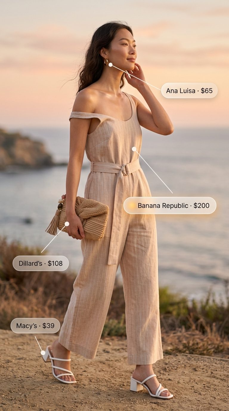 Preppy summer old money outfit for women 2026: Beige linen jumpsuit, white sandals, raffia clutch.