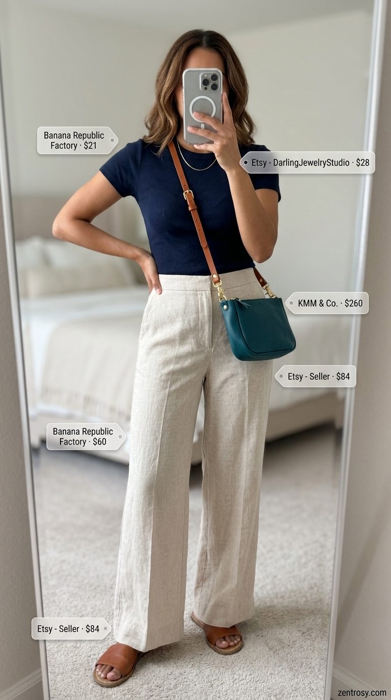 Preppy summer old money outfit for women 2026: Cream linen pants, navy knit top, leather crossbody, gold necklace.