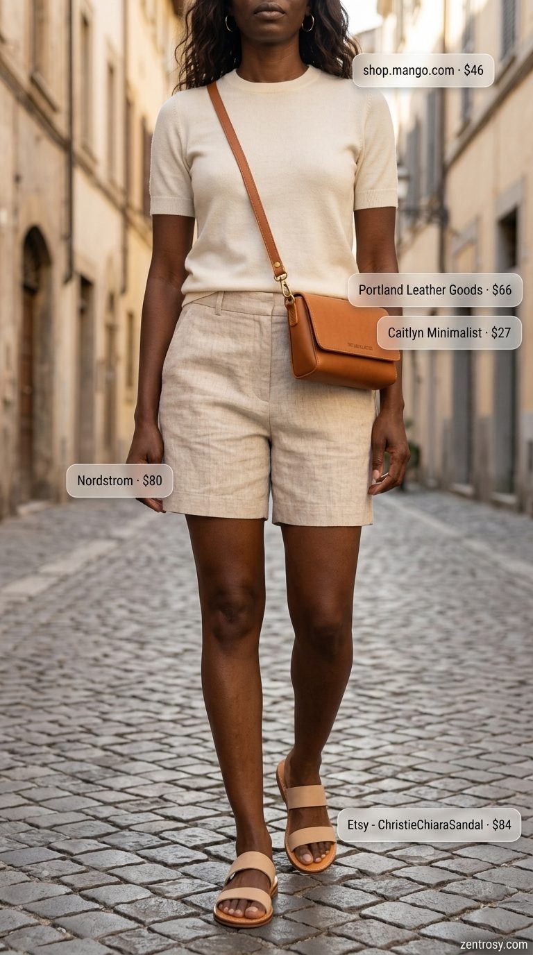 Preppy summer old money outfit for women 2026: Light beige linen shorts, cream knit top, gold earrings & sandals.
