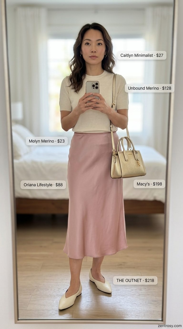 Preppy summer old money outfit for women 2026: Dusty rose midi skirt, ivory knit sweater, ballet flats.