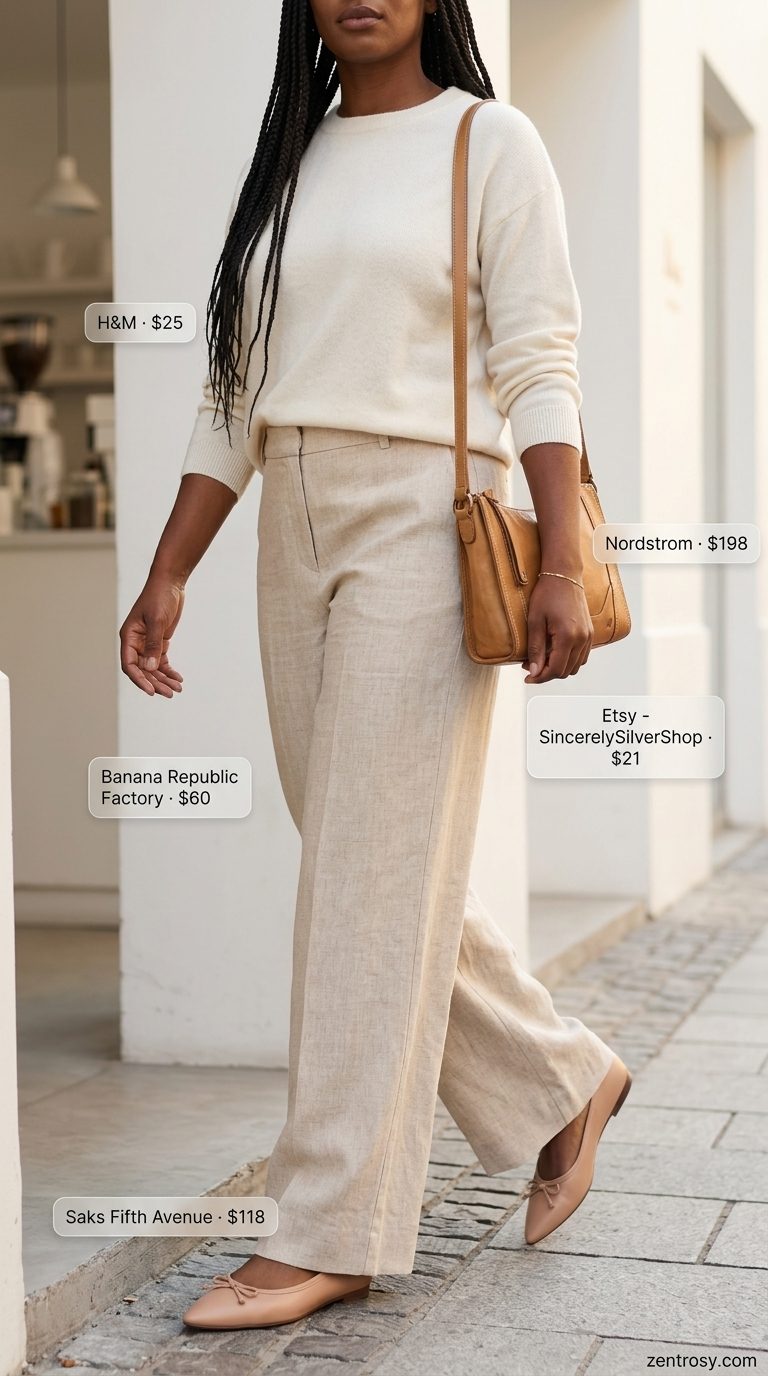 Preppy summer old money outfit for women 2026: Beige linen trousers, cream knit sweater, leather flats.