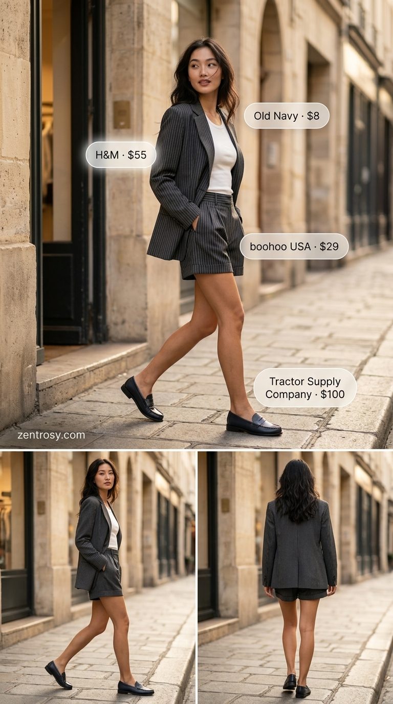 Preppy summer old money outfit for women 2026: Pinstripe blazer and shorts set with white tank and loafers.