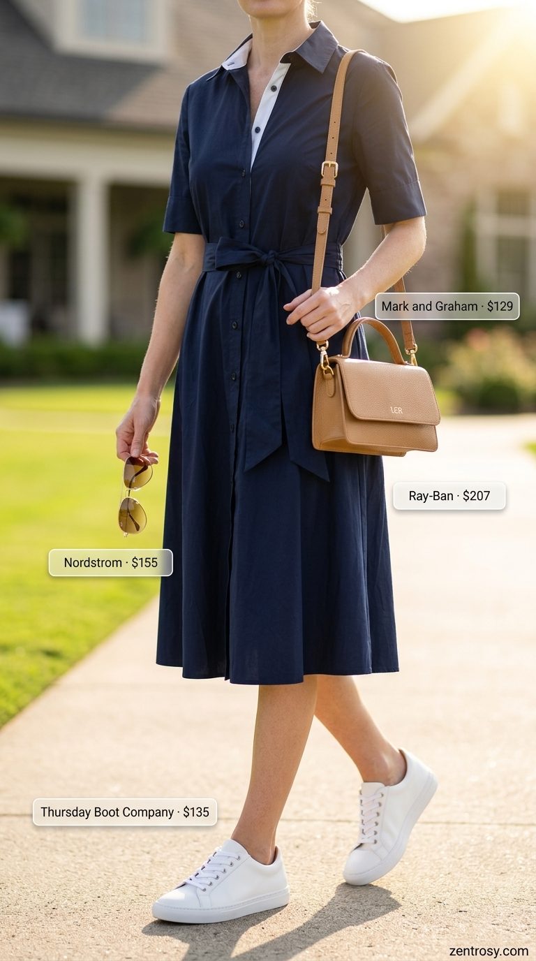 Preppy summer old money outfit for women 2026: Navy polo midi dress, white sneakers, tan bag & sunglasses.