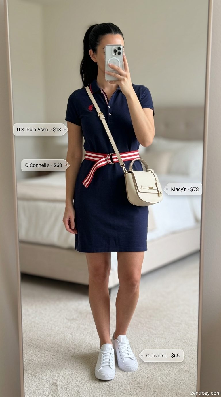 Preppy summer old money outfit for women 2026: Navy polo dress with white sneakers and saddle bag.
