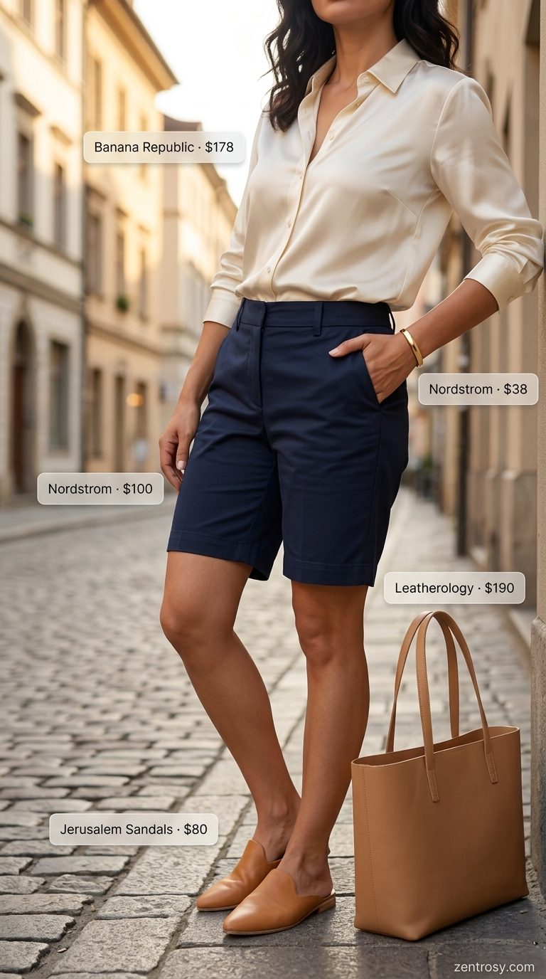 Preppy summer old money outfit for women 2026: Navy shorts, cream silk blouse, tan mules & tote bag.