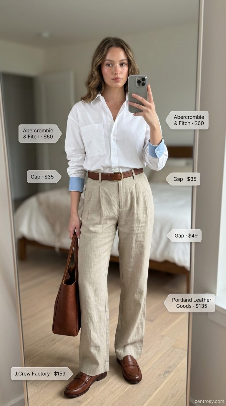 Preppy summer old money outfit for women 2026: Khaki tailored trousers, crisp white oversized shirt, brown loafers & tote.