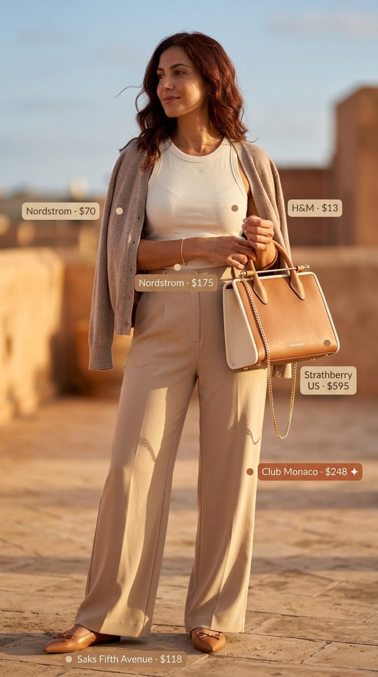 Preppy summer old money outfit for women 2026: Cream wide-leg trousers, beige cardigan, ribbed tank.