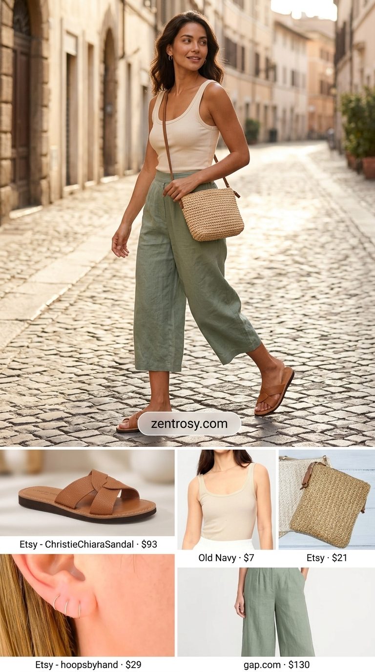 Sage green culottes with cream tank top and leather slides. Preppy summer old money outfit for women 2026.