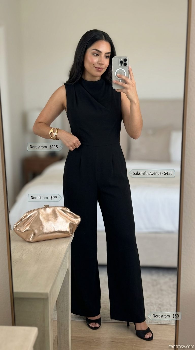 Black wide-leg jumpsuit with gold accessories and heeled sandals. Chic summer old money outfit for women 2026.