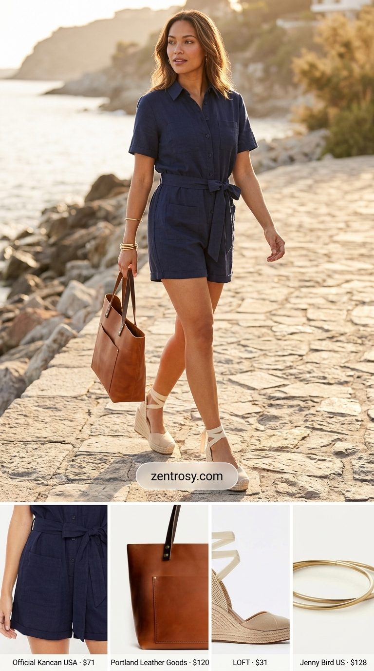 Navy linen jumpsuit with tan espadrilles and gold bangles. Preppy summer old money outfit for women 2026.