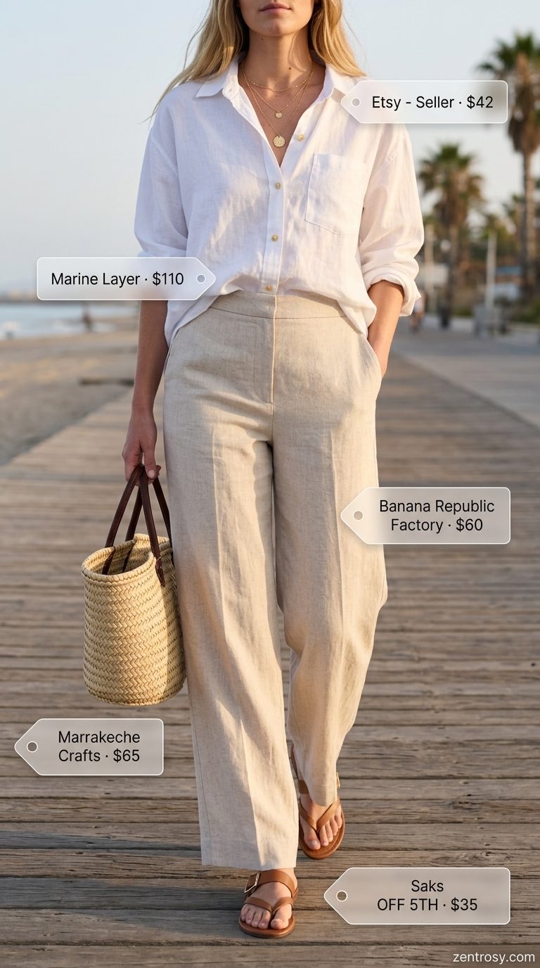 White linen shirt with beige linen pants and tan slides. Preppy summer old money outfit for women 2026.