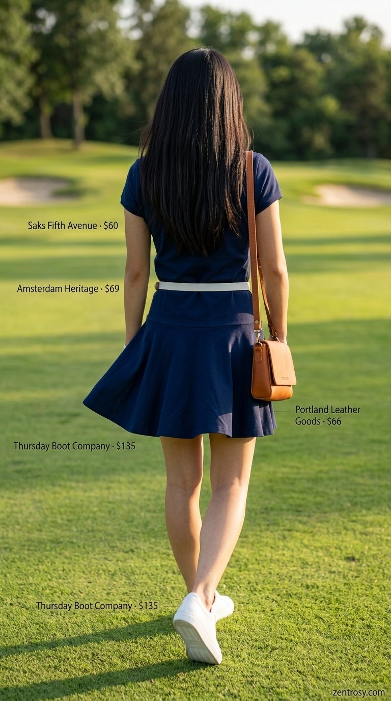 Navy polo dress with white sneakers and tan crossbody bag. Preppy summer old money outfit for women 2026.