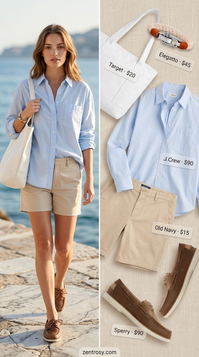 Light blue oversized shirt with beige chino shorts and boat shoes. Preppy summer old money outfit for women 2026.