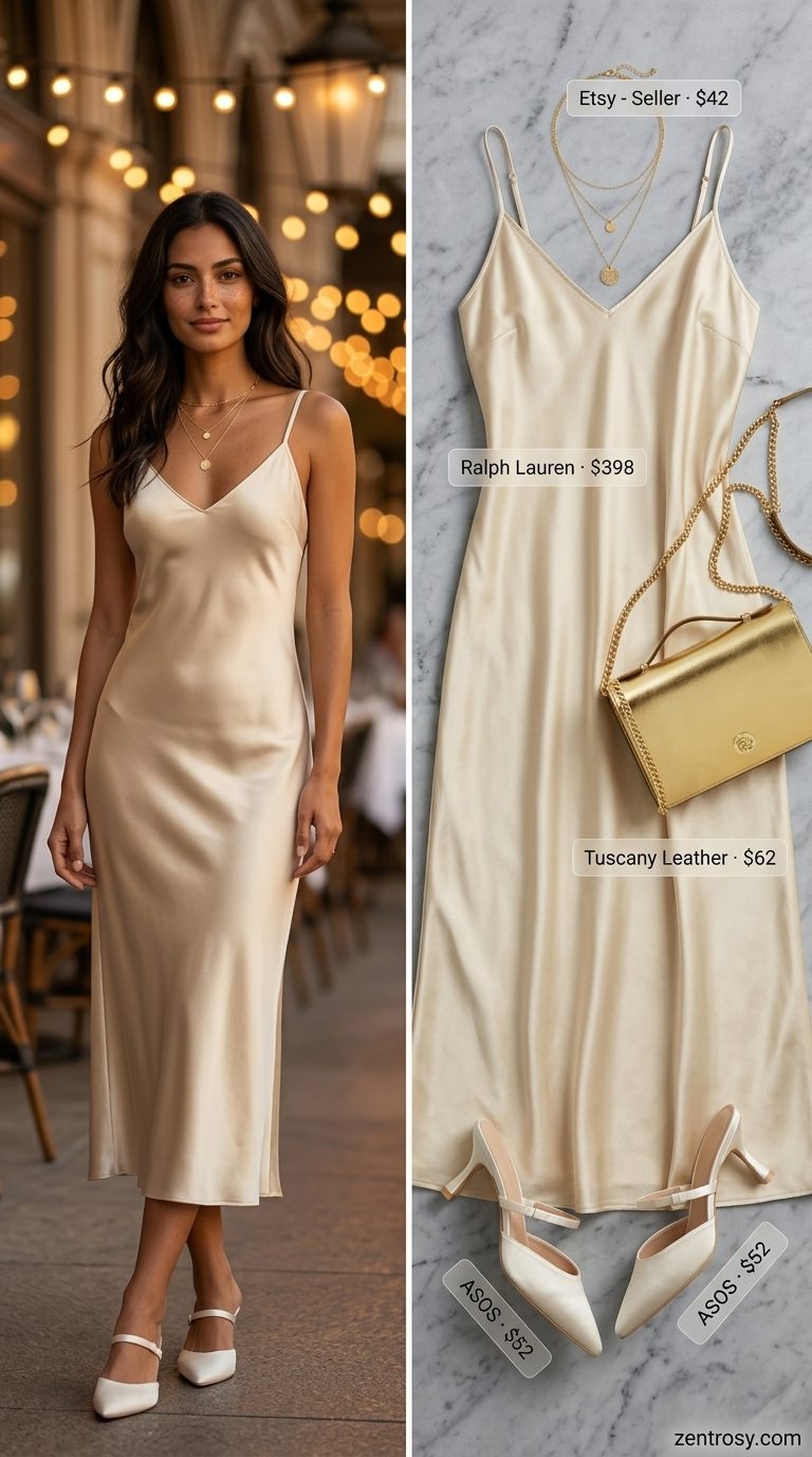 Champagne slip dress with strappy heels and gold bag. Elegant summer old money outfit for women 2026.