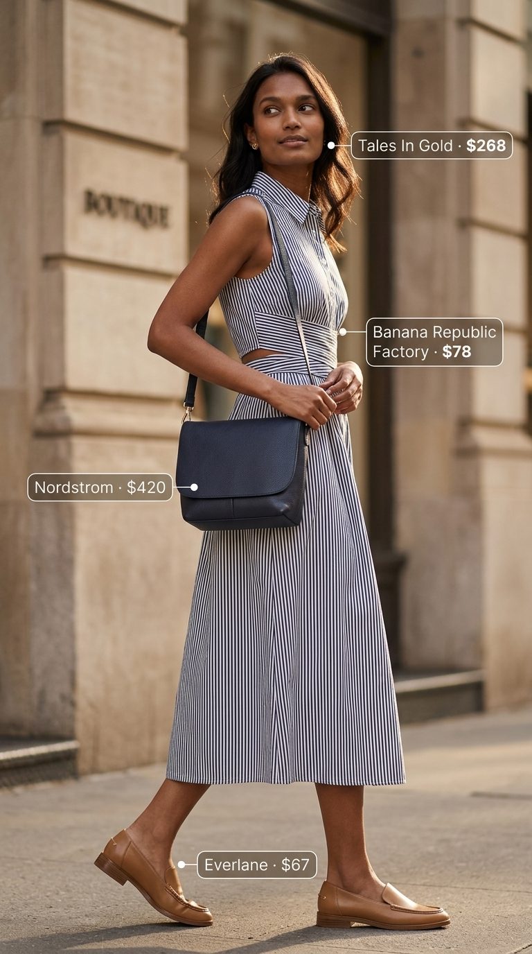 Navy and white stripe shirt dress with tan loafers and navy crossbody bag. Preppy summer old money outfit for women 2026.