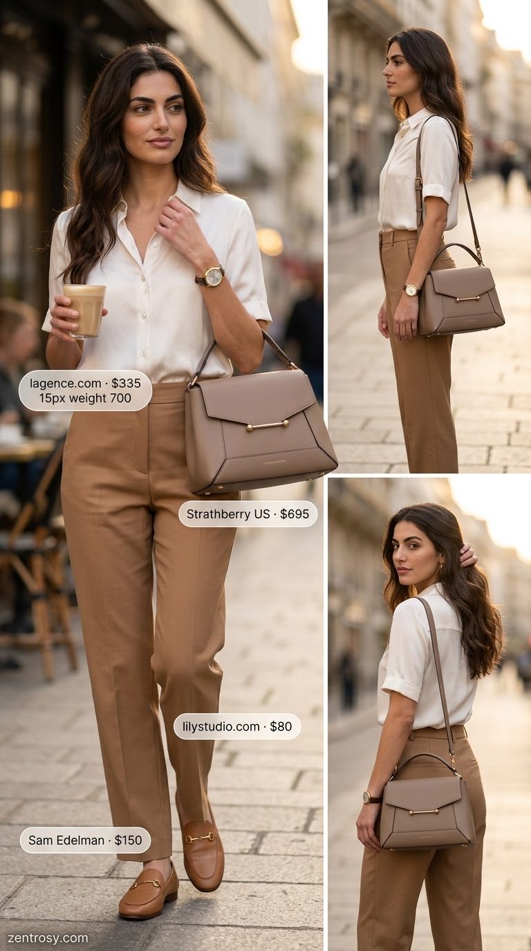 Camel tailored trousers with ivory silk blouse and nude loafers. Preppy summer old money outfit for women 2026.