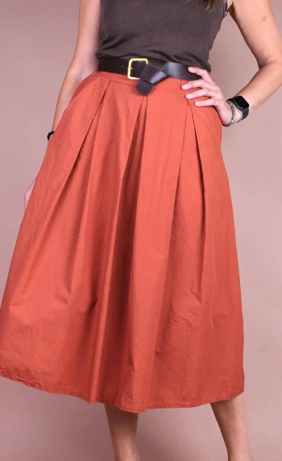 skirt A-Line Cotton Pleated Midi Skirt with Pockets & Belt Shop Gigi Moda - Made in Italy $77
