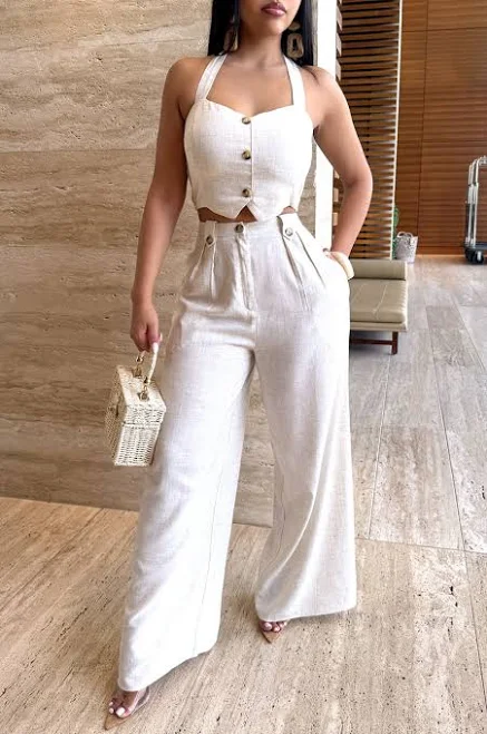 matching set Aakaa Cropped Linen Vest and Pants Set hotmiamistyles.com $59.99
