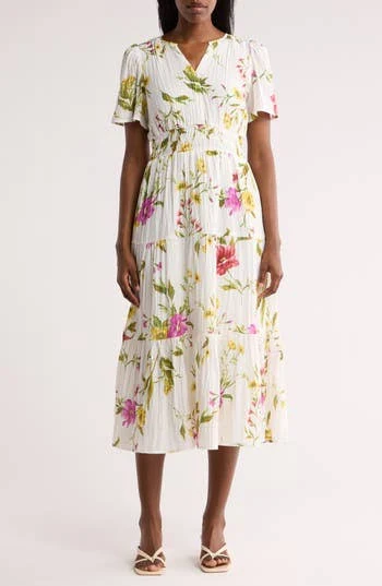 dress August Sky Women's Floral Short Sleeve Tiered Midi Dress Nordstrom Rack $39.97