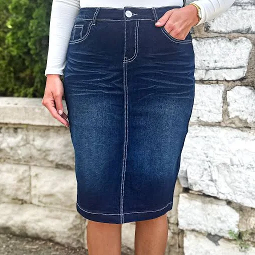 denim skirt Be-Girl Modest Knee Length Stretch Denim Skirt The Modest Style Boutique $39.99