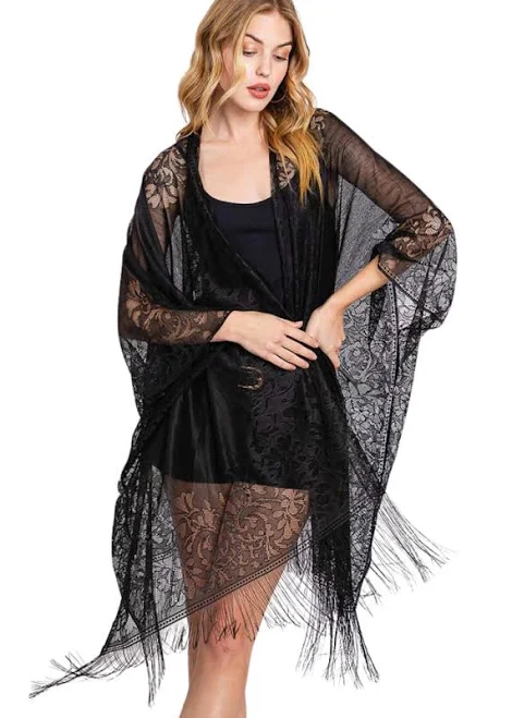 kimono Black Lace Fringe Kimono Pretty Attitude $29.9