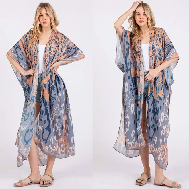 kimono Blue And Orange Abstract Modern Print Open Front Long Kimono eBay - ivanlu27 $35.99