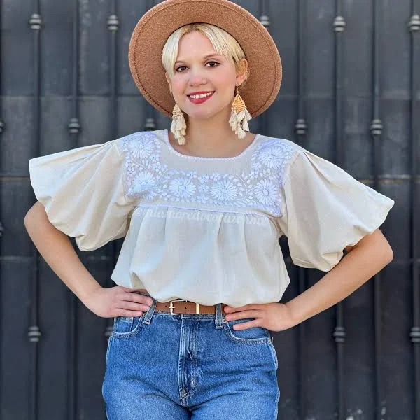 top Boho Floral Embroidery Muslin Puff Sleeve Blouse Etsy - Miamorcitocorazon $58