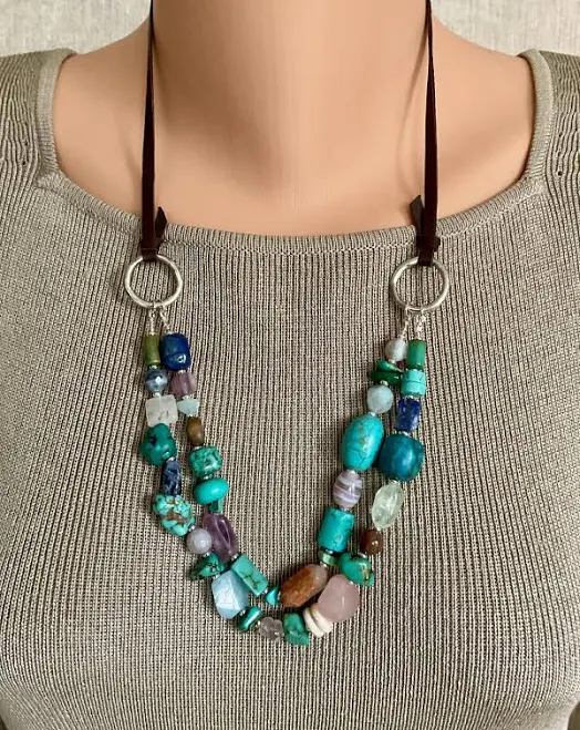 accessory Boho Layered Leather Necklace with Mixed Gemstones Etsy - Seller $64