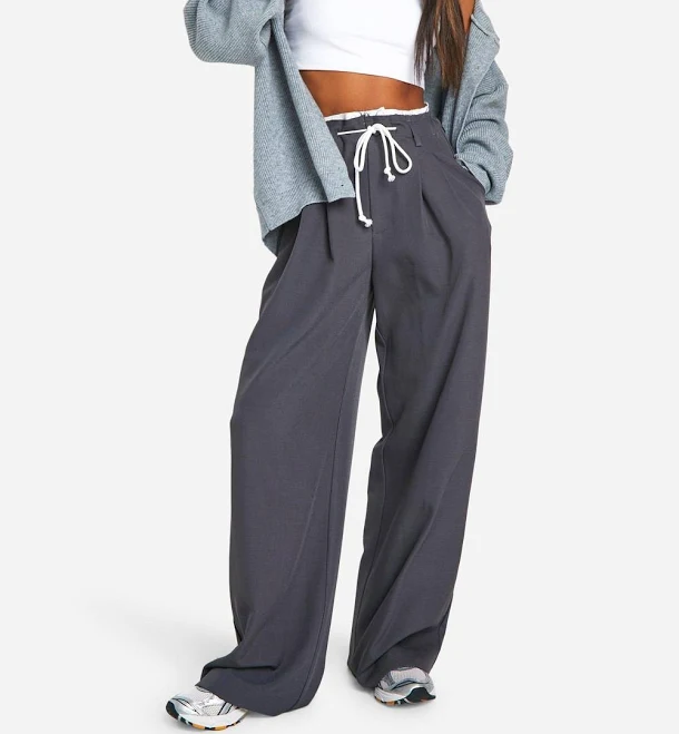pants Boohoo Women's Fray Hem Double Waistband Wide Leg Woven Pants Nasty Gal - US $33.6