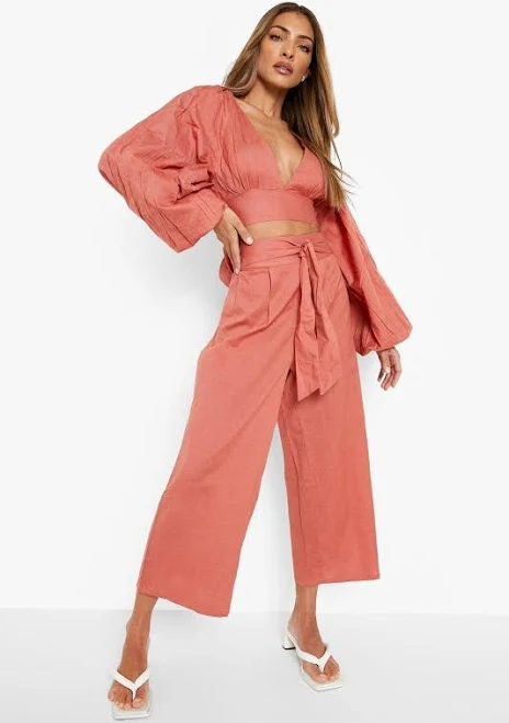 matching set Boohoo Women's Linen Look Balloon Sleeve Crop & Wide Leg Pants boohoo USA $33.6