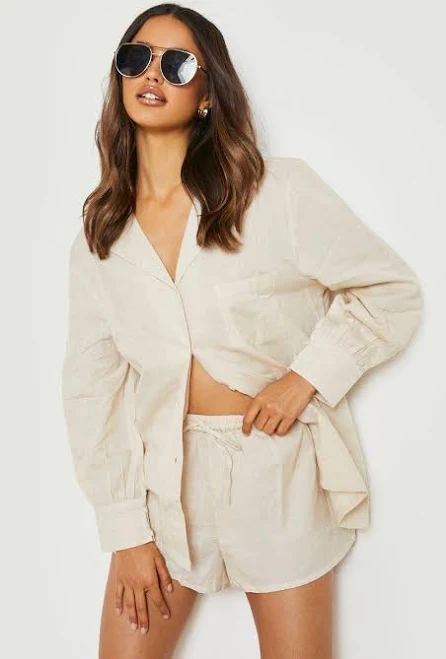 two piece set Boohoo Women's Relaxed Fit Linen Boyfriend Shirt & Shorts boohoo USA $28