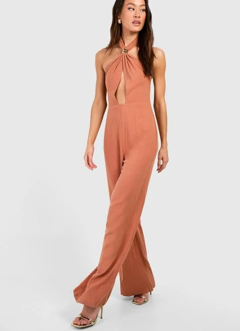 jumpsuit boohoo Women's Tall Linen Gold Trim Halter Wide Leg Jumpsuit boohoo USA $38