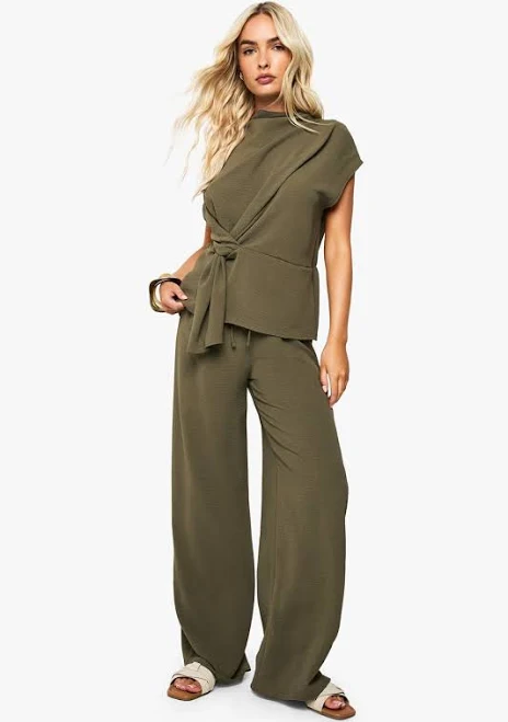matching set Boohoo Women's Woven Drape Blouse & Trouser Co-Ord boohoo USA $41.6