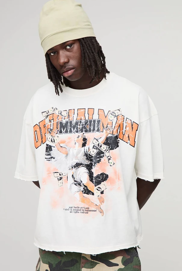 t-shirt boohooMAN Men's Distressed Puff Print Oversized Graphic T-Shirt BOOHOOMAN US $22