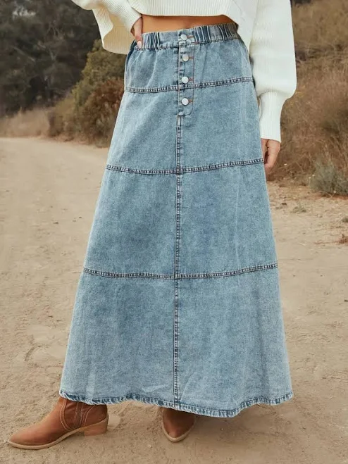 skirt Button-Front Tiered Maxi Denim Skirt Modest Apparel USA $47.99