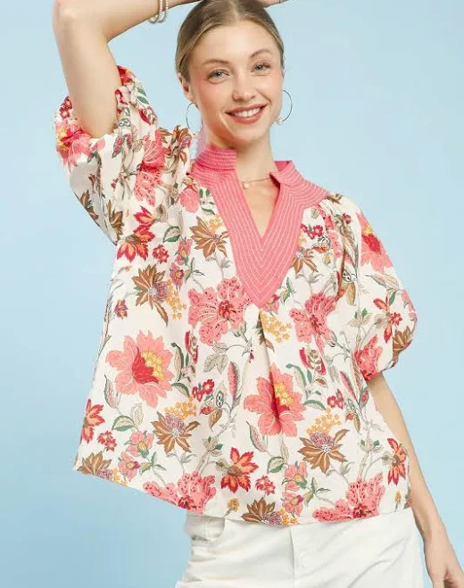 top Coral Reef Floral Puffy Sleeve Cotton Blouse Etsy - ForeverDolledUp $44.8